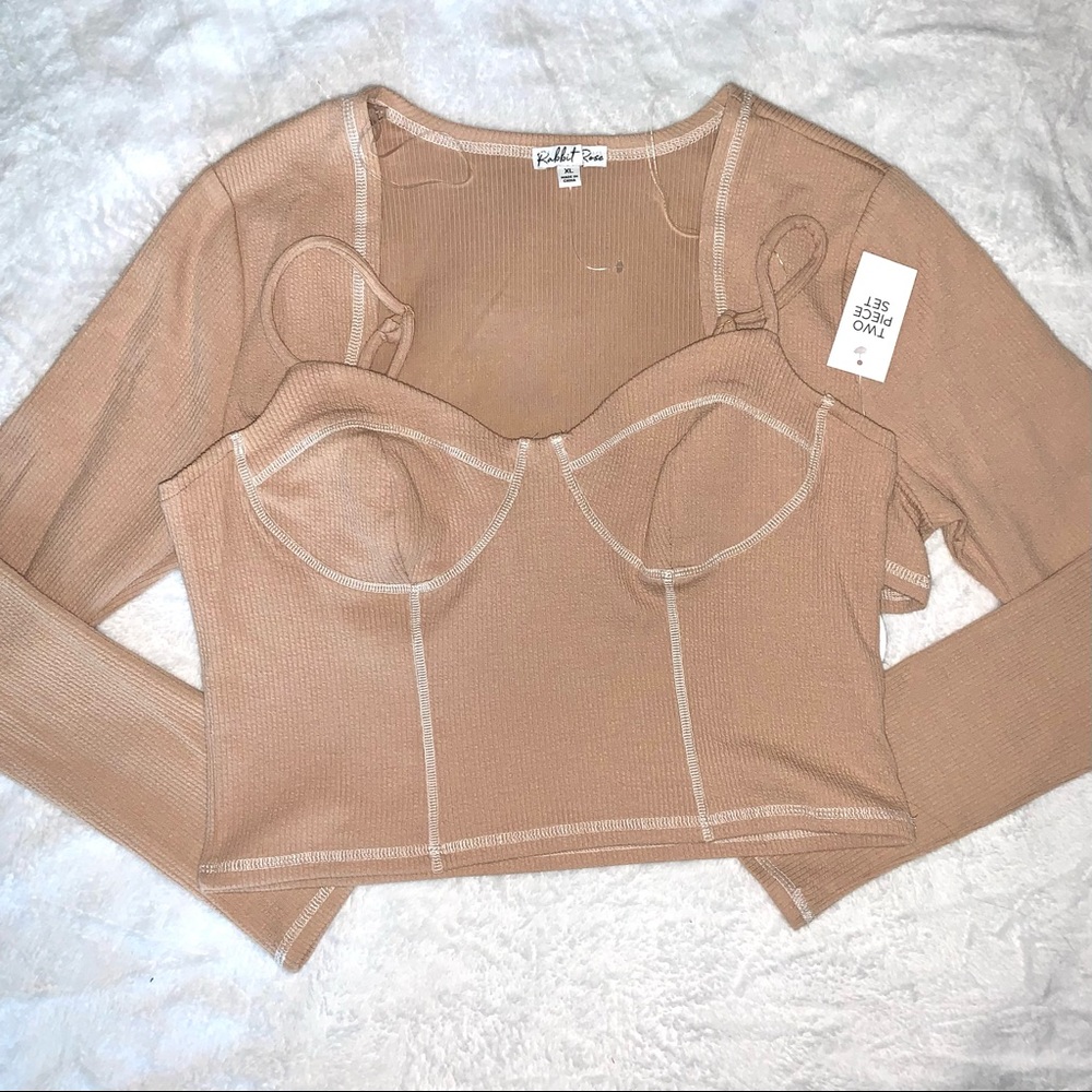 Rib-Knit Crop Cami Top With Cardigan